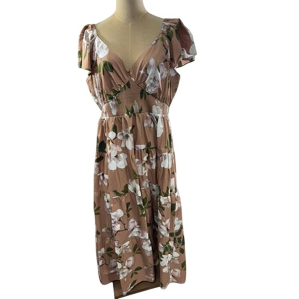 "EXPRESS" Women's Tan Magnolia Floral Maxi Prairie Dress Ruched SZ XL Cowgirl